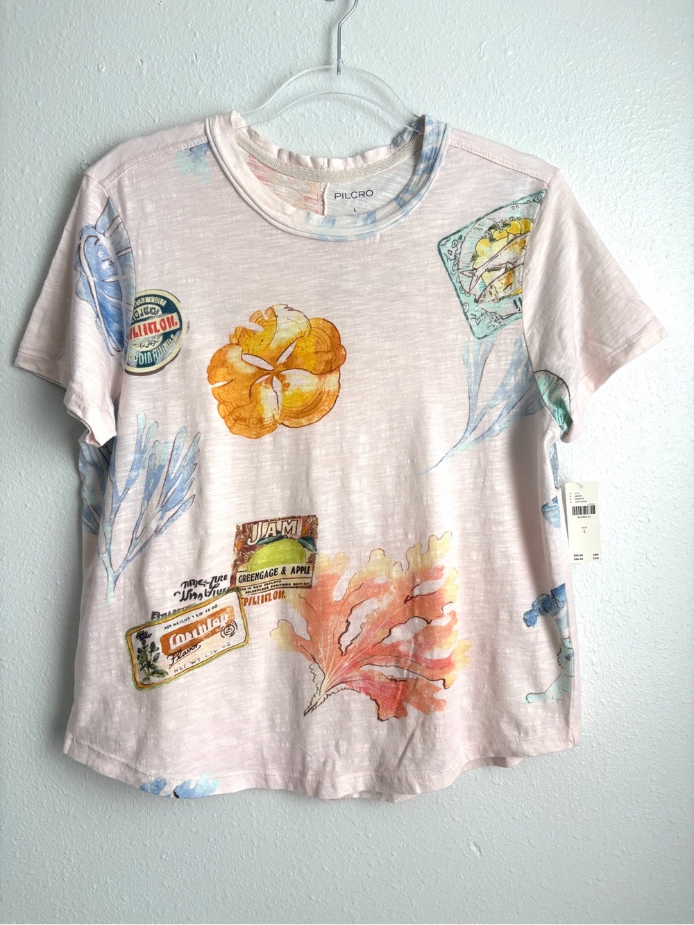 Anthropologie | Pilcro Bennie Cotton Slim Watercolor Crew Neck Tee Pink Blue L - Picture 4 of 9
